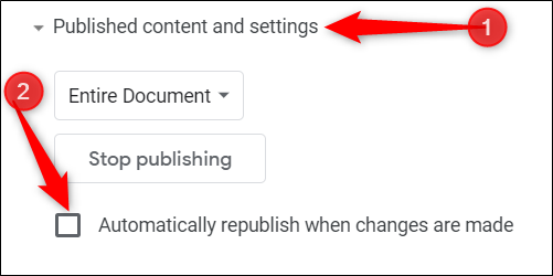 Haga clic en "Contenido publicado y configuración" y luego desmarque la casilla junto a "Volver a publicar automáticamente cuando se realicen cambios".