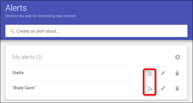 Aparecerá un icono de fuente RSS junto a la alerta que creó.