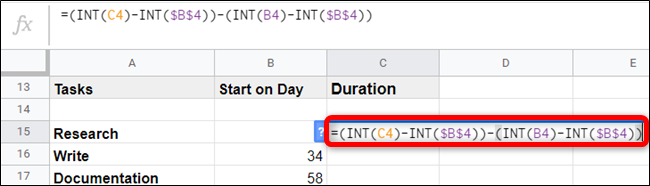 Para calcular el número de días que se prevé que tome cada tarea, escriba la siguiente fórmula y presione la tecla Intro.