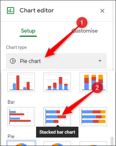 En el panel del editor de gráficos, haga clic en el cuadro desplegable para el tipo de gráfico, desplácese hacia abajo hasta la barra de encabezado y luego seleccione "Gráfico de barras apiladas".