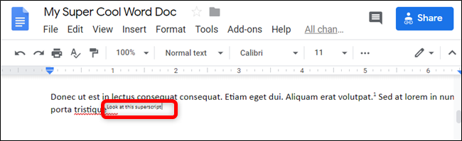 Empiece a escribir y el texto vendrá en formato de superíndice.