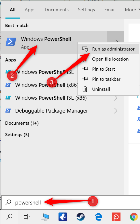 Escriba "PowerShell" en la barra de búsqueda, haga clic con el botón derecho en "Windows PowerShell" y luego haga clic en "Ejecutar como administrador".