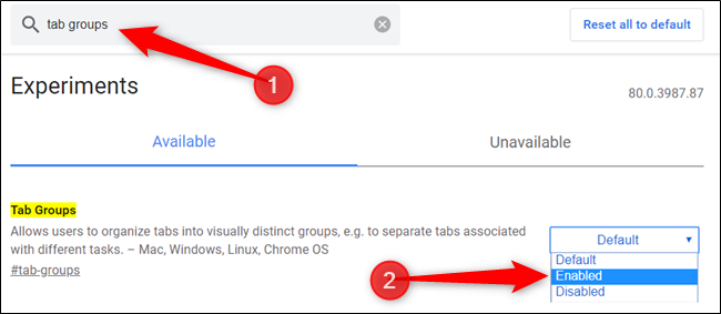 Escribe "Grupos de pestañas" en la barra de búsqueda y configura la función como "Habilitada".