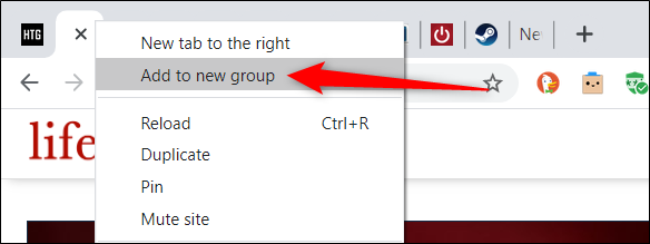 Haga clic con el botón derecho en una pestaña y elija "Agregar a nuevo grupo" en el menú contextual.