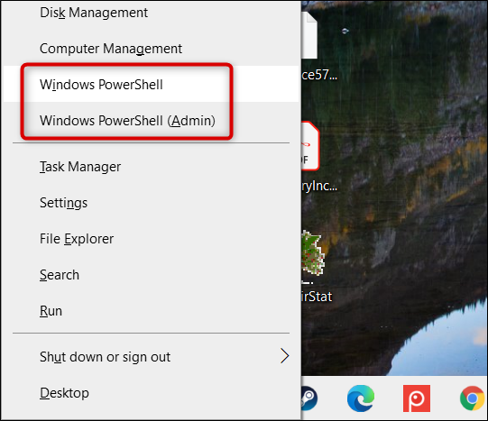 Haga clic en "Windows PowerShell" o "Windows PowerShell (Admin)".