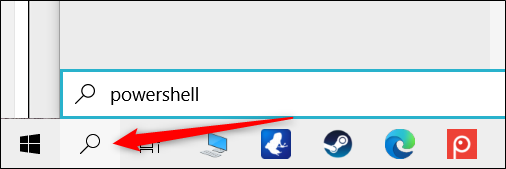 Haga clic en el icono de búsqueda y escriba "powershell" en el cuadro de texto.