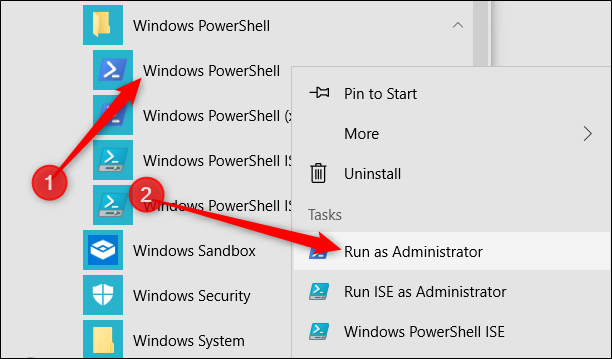 Haga clic con el botón derecho en "Windows PowerShell" y luego haga clic en "Ejecutar como administrador".