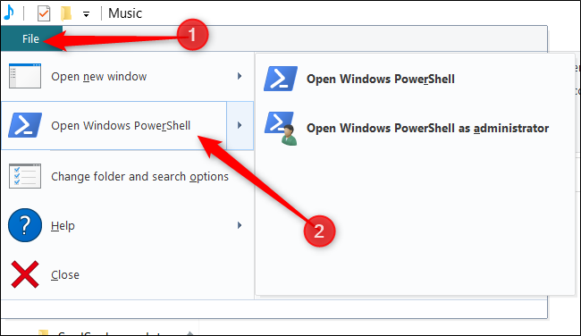 Haz clic en "Archivo", coloca el cursor sobre "Abrir Windows PowerShell" y luego haz clic en tu opción preferida. 