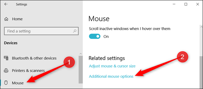 Haga clic en "Mouse" y luego haga clic en "Opciones adicionales del mouse" para abrir las Propiedades del mouse.