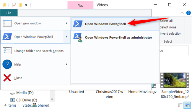 Haga clic en Archivo> Abrir Windows PowerShell> Abrir Windows PowerShell para abrir Windows PowerShell.