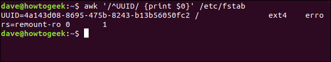 El comando "awk '/ ^ UUID / {print $ 0}' / etc / fstab" en una ventana de terminal.