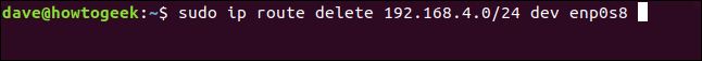 El comando "sudo ip route delete 192.168.4.0/24 dev enp0s8" en una ventana de terminal.