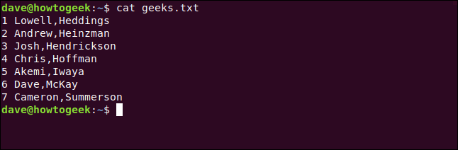 El comando "cat geeks.txt" en una ventana de terminal.