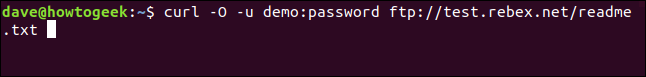 curl -O -u demo: contraseña ftp://test.rebex.net/readme.txt en una ventana de terminal
