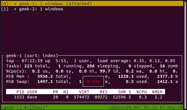 lista de sesiones tmux mostradas en una ventana de terminal.