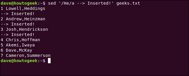 El "sed '/ He / a -> Inserted!'  geeks.txt "en una ventana de terminal.