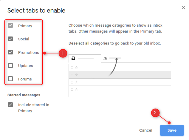 Haga clic o toque la casilla de verificación junto a las pestañas que desea ver y luego haga clic o toque "Guardar".