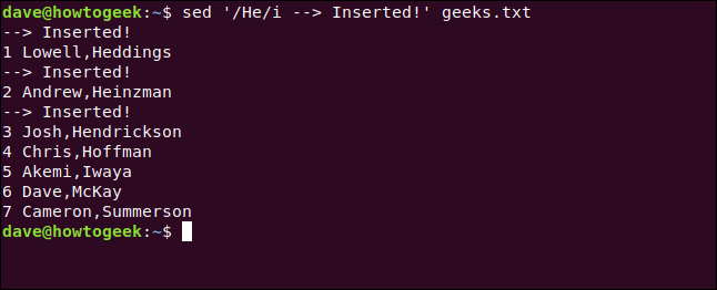 El "sed '/ He / i -> Inserted!'  geeks.txt "en una ventana de terminal.