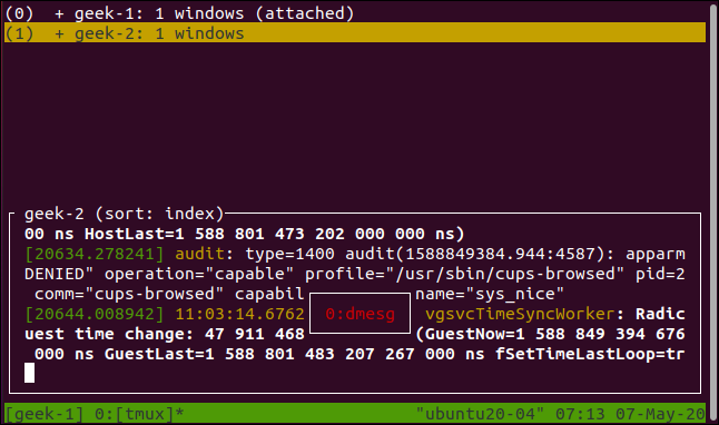 lista de sesiones tmux mostradas en una ventana de terminal.