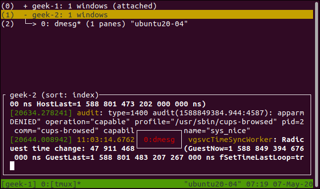 tmux lista de sesiones con detalles de la ventana mostrados en una ventana de terminal.