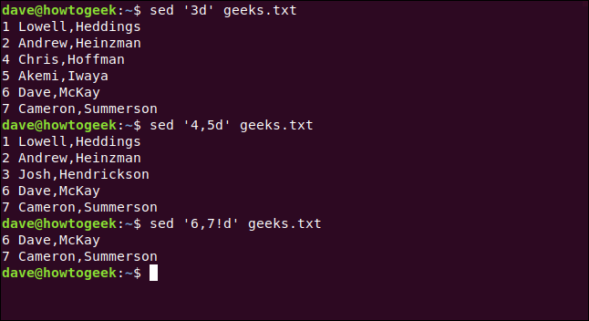 Los comandos "sed '3d' geeks.txt", "sed '4,5d' geeks.txt" y "sed '6,7! D' geeks.txt" en una ventana de terminal.