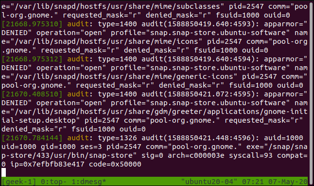 dmesg ejecutándose en la ventana dos de una sesión tmux, en una ventana de terminal.