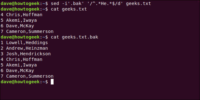Los comandos "sed -i'.bak '' /^.*He.*/d 'geeks.txt" y "cat geeks.txt.bak" en una ventana de terminal.