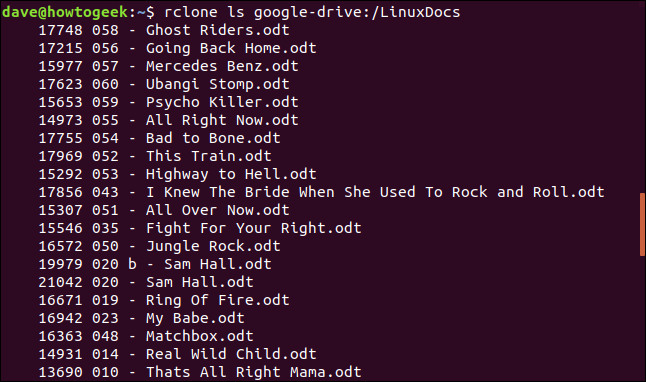 rclone ls google-drive: / LinuxDocs en una ventana de terminal