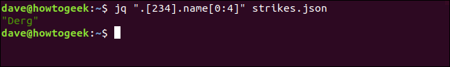 El comando "jq". [234] .name [0: 4] "strikes.json" en una ventana de terminal.