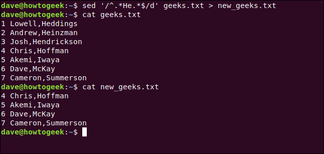 Los comandos "sed -i'.bak '' /^.*He.*$/d 'geeks.txt> new_geeks.txt" y "cat new_geeks.txt" en una ventana de terminal.
