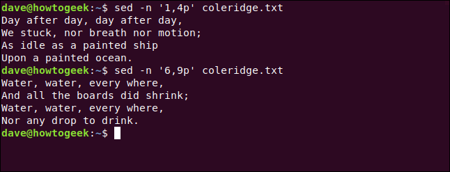 Los comandos "sed -n '1,4p' coleridge.txt" y "sed -n '6,9p' coleridge.txt" en una ventana de terminal.