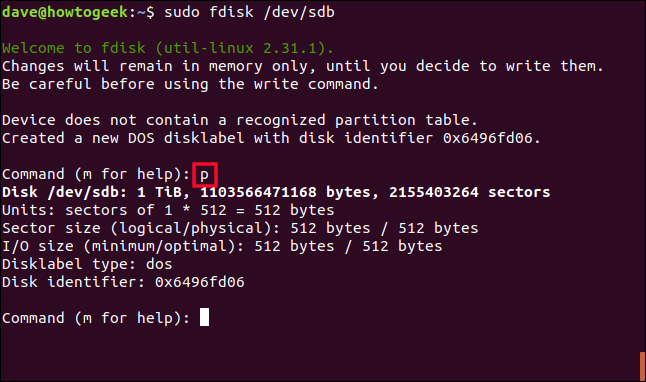 sudo fdisk / dev / sdb en una ventana de terminal