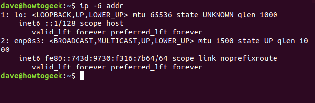 El comando "ip -6 addr" en una ventana de terminal.