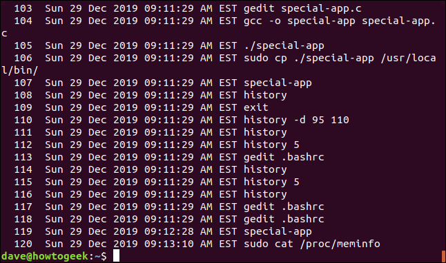 Una lista de historial con marcas de tiempo en una ventana de terminal.