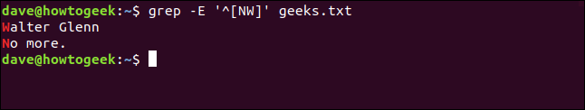 El comando grep -E '^ [NW]' geeks.txt "en una ventana de terminal.