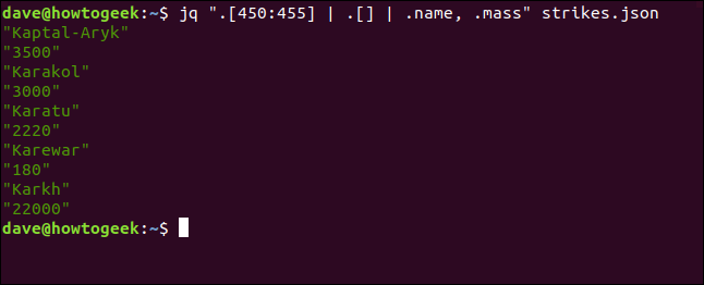 El "jq". [450: 455] |  . [] |  .name, .mass comando "strikes.json" en una ventana de terminal.