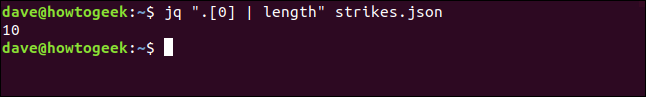 El "jq". [0]  |  length "strikes.json" comando en una ventana de terminal.