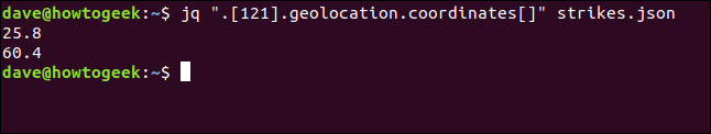 El comando "jq". [121] .geolocation.coordinates [] "strikes.json" en una ventana de terminal.