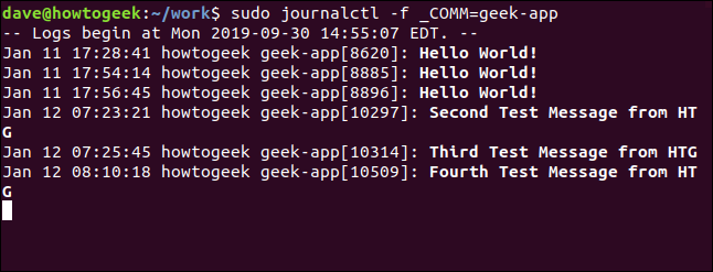 sudo journalctl -f _COMM = geek-app en una ventana de terminal