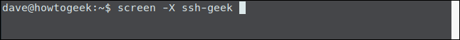 El comando "screen -X ssh-geek" en una ventana de terminal.