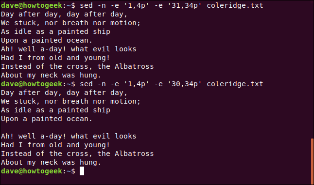 Los comandos "sed -n -e '1,4p' -e '31, 34p 'coleridge.txt" y "sed -n -e' 1,4p '-e '30, 34p' coleridge.txt" en una terminal ventana.