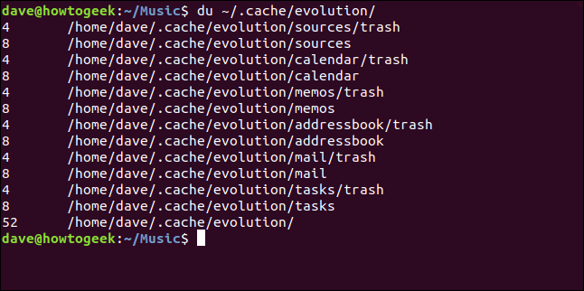 El comando "du ~ / .cach / evolution /" en una ventana de terminal.