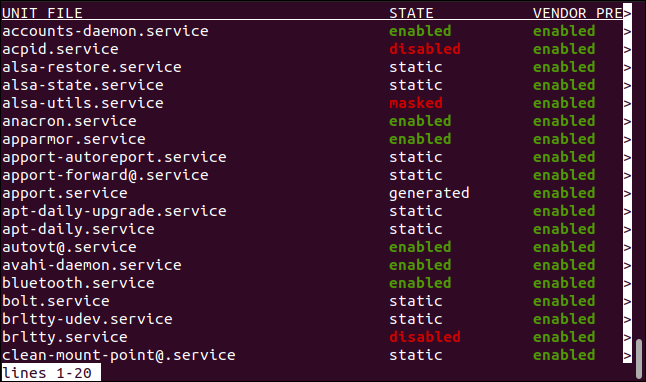 Lista de archivos de unidad systemd en una ventana de terminal