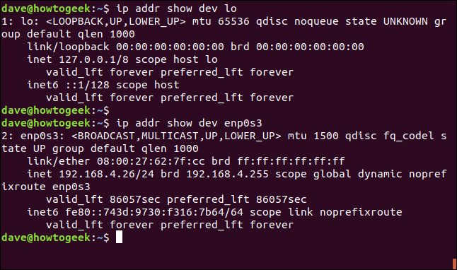 Los comandos "ip addr show dev lo" e "ip addr show dev enp0s3" en una ventana de terminal.