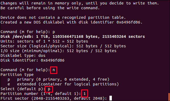 creando una partición con fdisk en una ventana de terminal