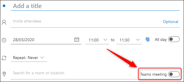 El interruptor de palanca "Reunión de equipos" en una convocatoria de reunión de Outlook Online.