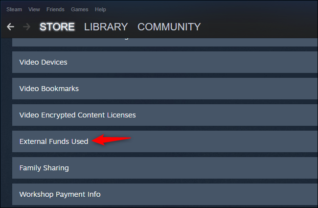 Haciendo clic en "Fondos externos usados" en Steam.