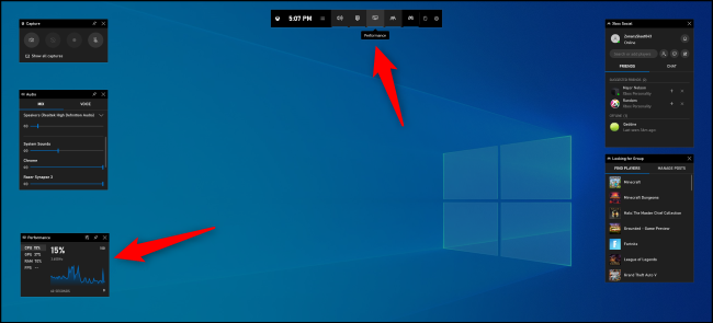 Encontrar el panel de rendimiento en la barra de juegos de Windows 10.