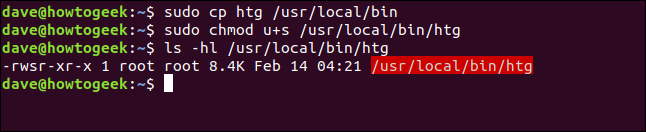 Los comandos "sudo cp htg", "/ usr / local / bin sudo chmod u + s / usr / local / bin / htg" y "ls -hl / usr / local / bin / htg" en una ventana de terminal.