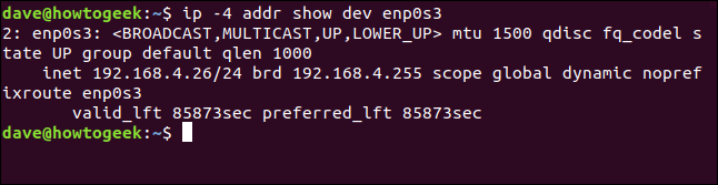 El comando "ip -4 addr show dev enp0s3" en una ventana de terminal.